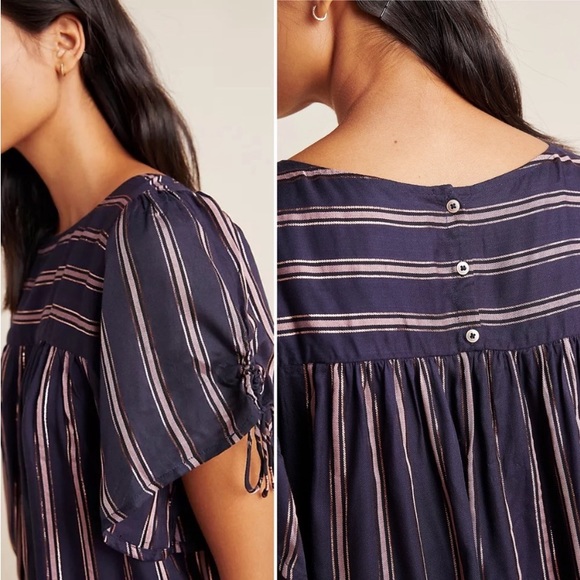 By Anthropologie Navy & Metallic Striped Tie Short Sleeve Peasant Blouse Top - Picture 2 of 15